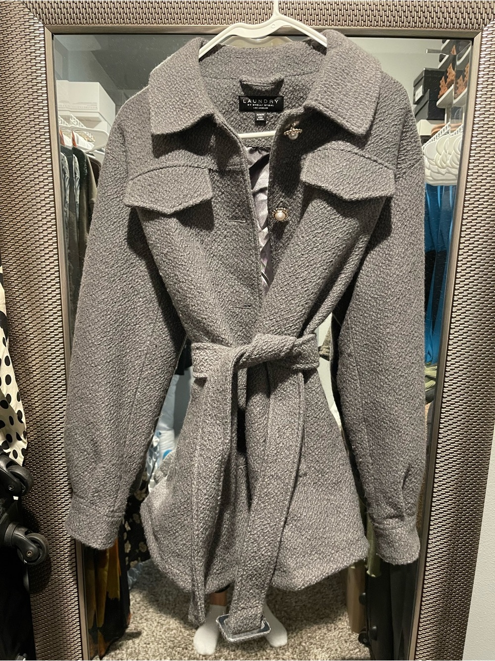 Laundry By Shelli Segal Gray Teddy Bouclé Belted Jacket
